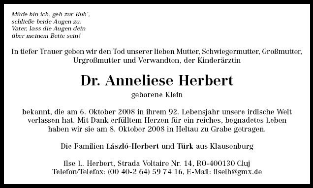 Klein Anneliese 1917-2008 Todesanzeige